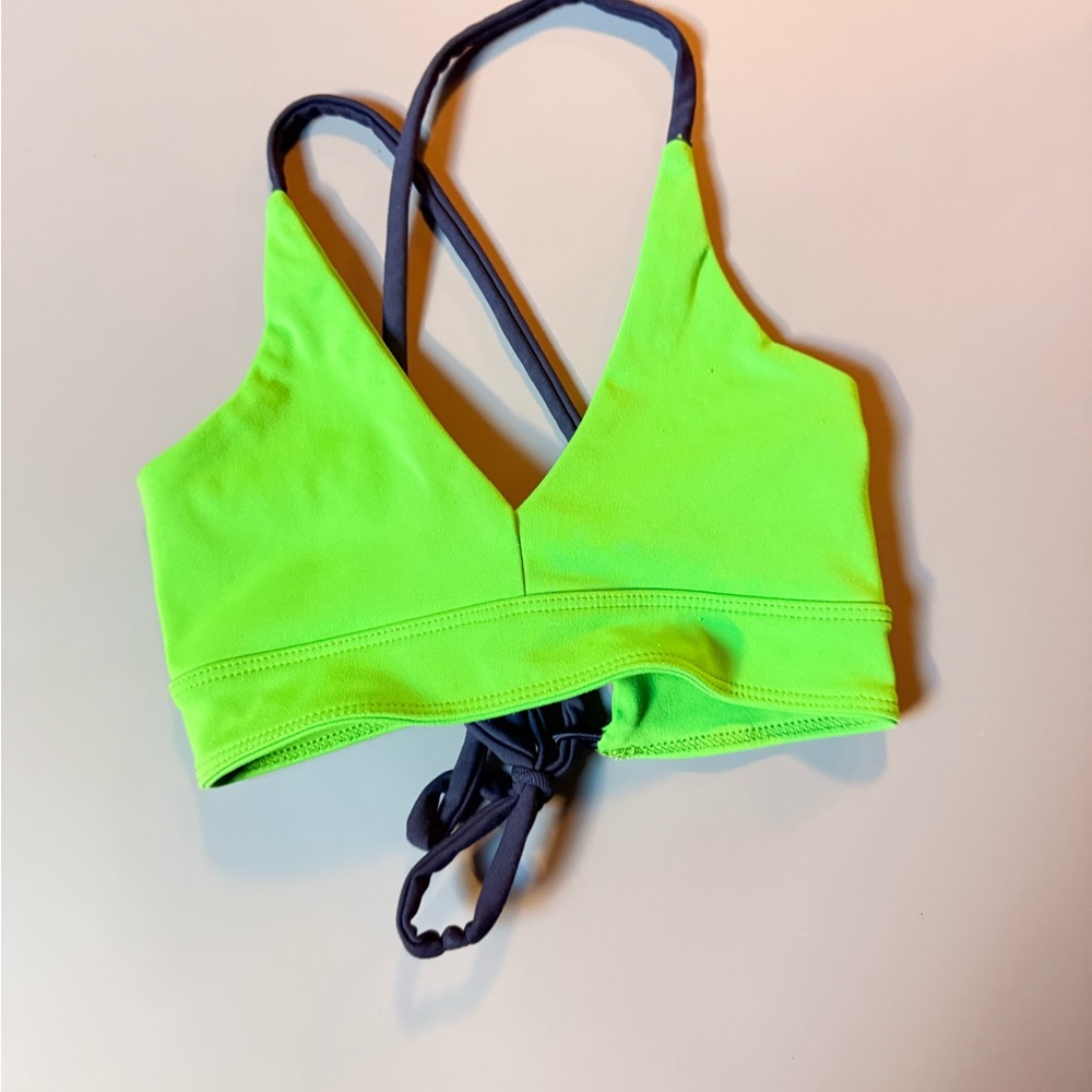 Five Dancewear Neon Lime V‑Neck Bralette with Navy Straps